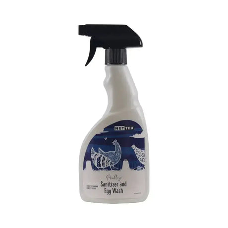 White plastic spray bottle with black nozzle and blue chicken label for nettex poultry sanitiser dual-purpose use