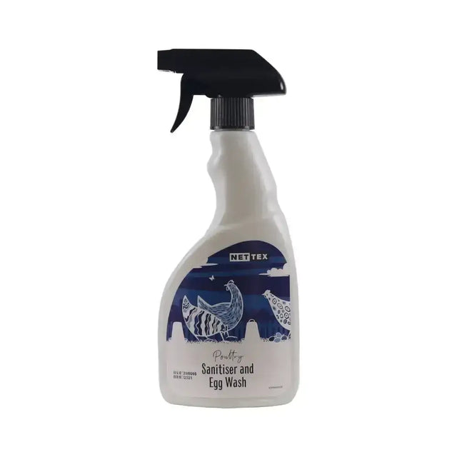 White plastic spray bottle with black nozzle and blue chicken label for nettex poultry sanitiser dual-purpose use