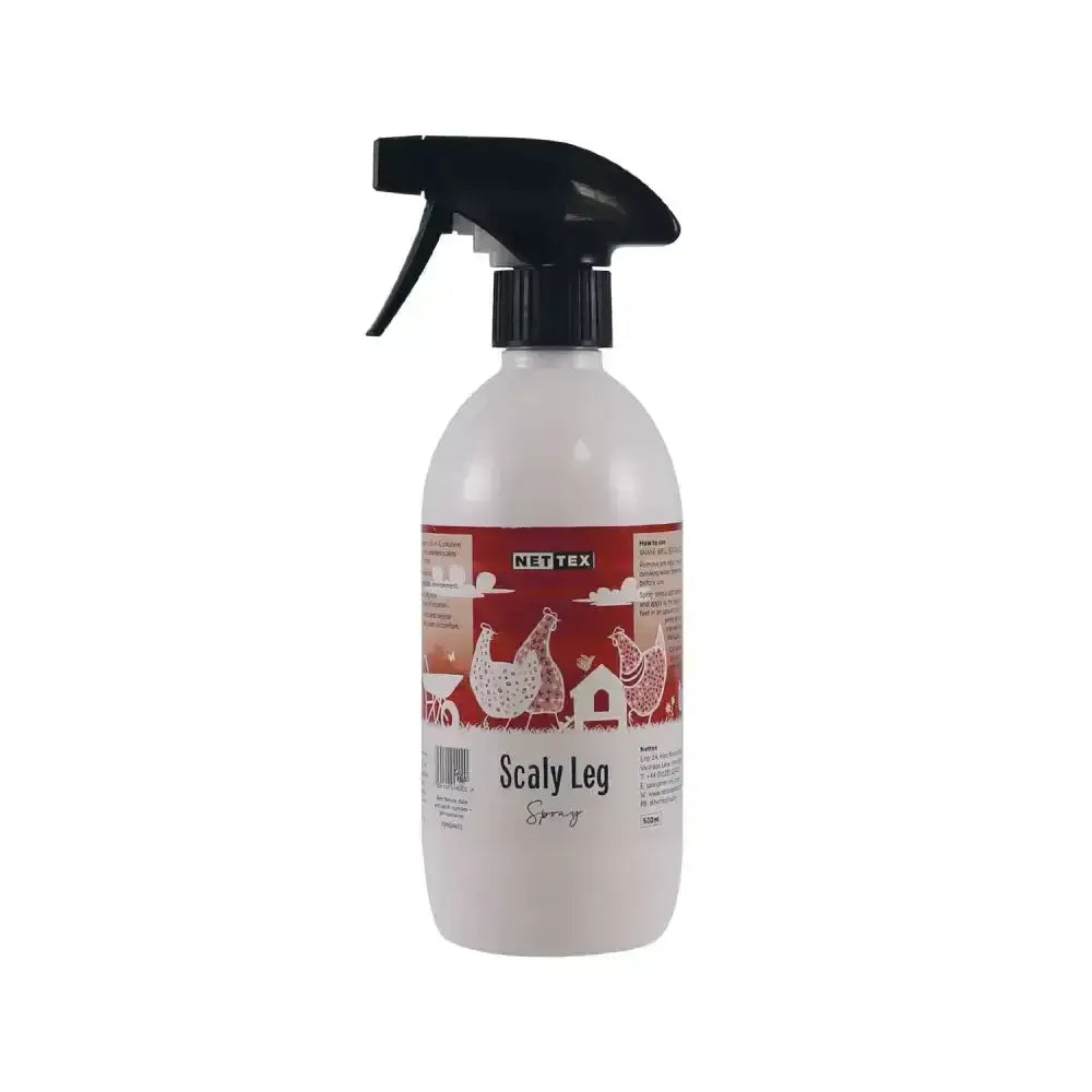 White plastic spray bottle with black trigger and red chicken label for nettex poultry scaly leg spray against scaly leg mites