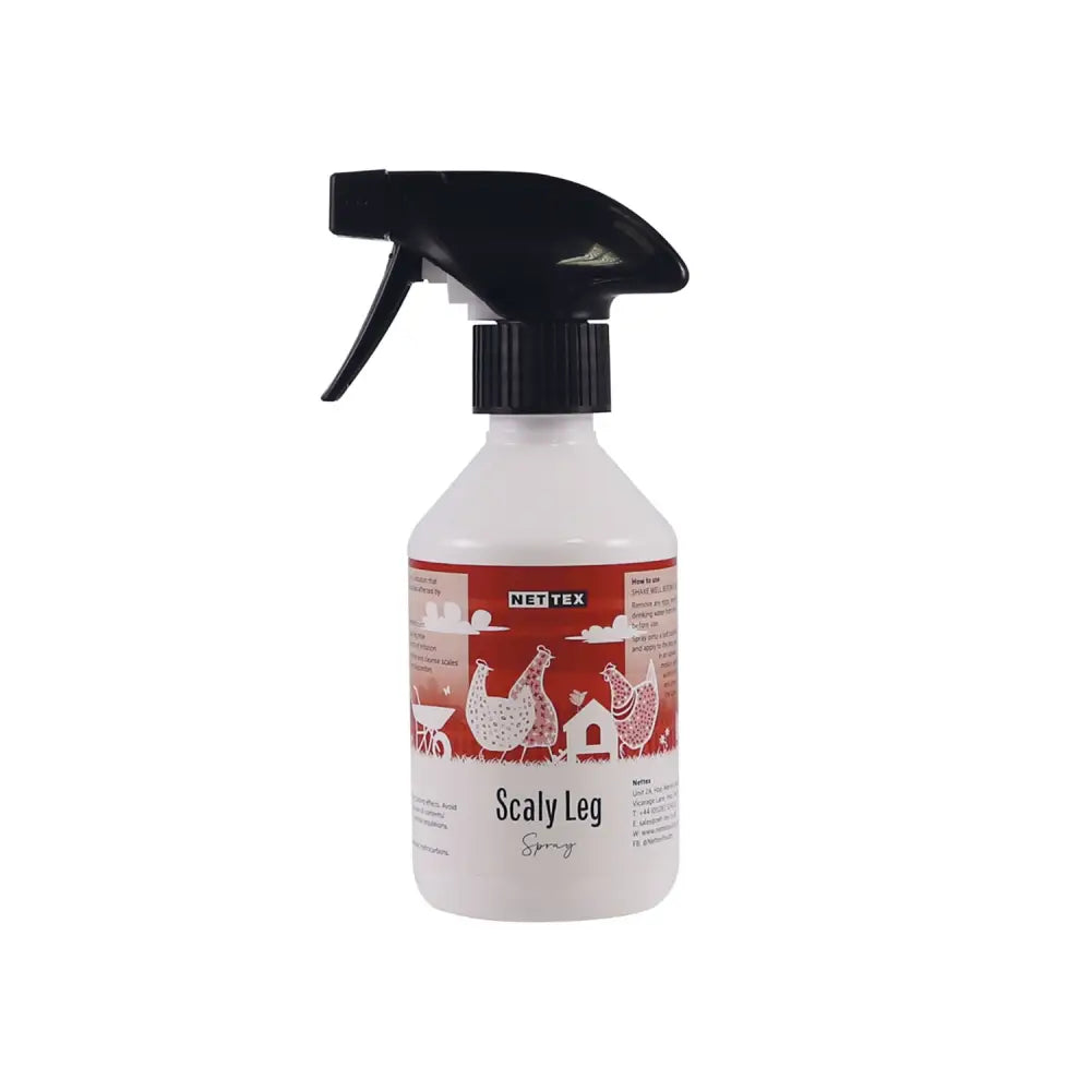 White plastic spray bottle with black trigger and red label featuring chickens for nettex poultry scaly leg spray to treat scaly leg mites