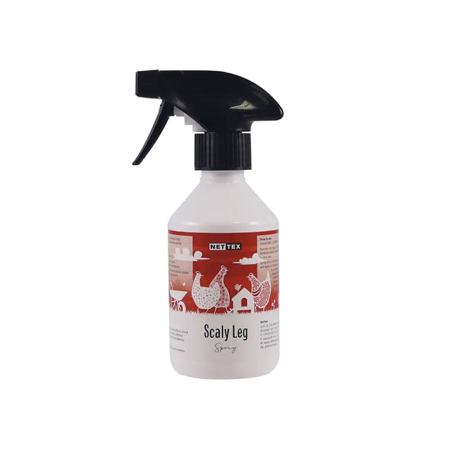 White plastic spray bottle with black trigger and red label featuring chickens for nettex poultry scaly leg spray to treat scaly leg mites