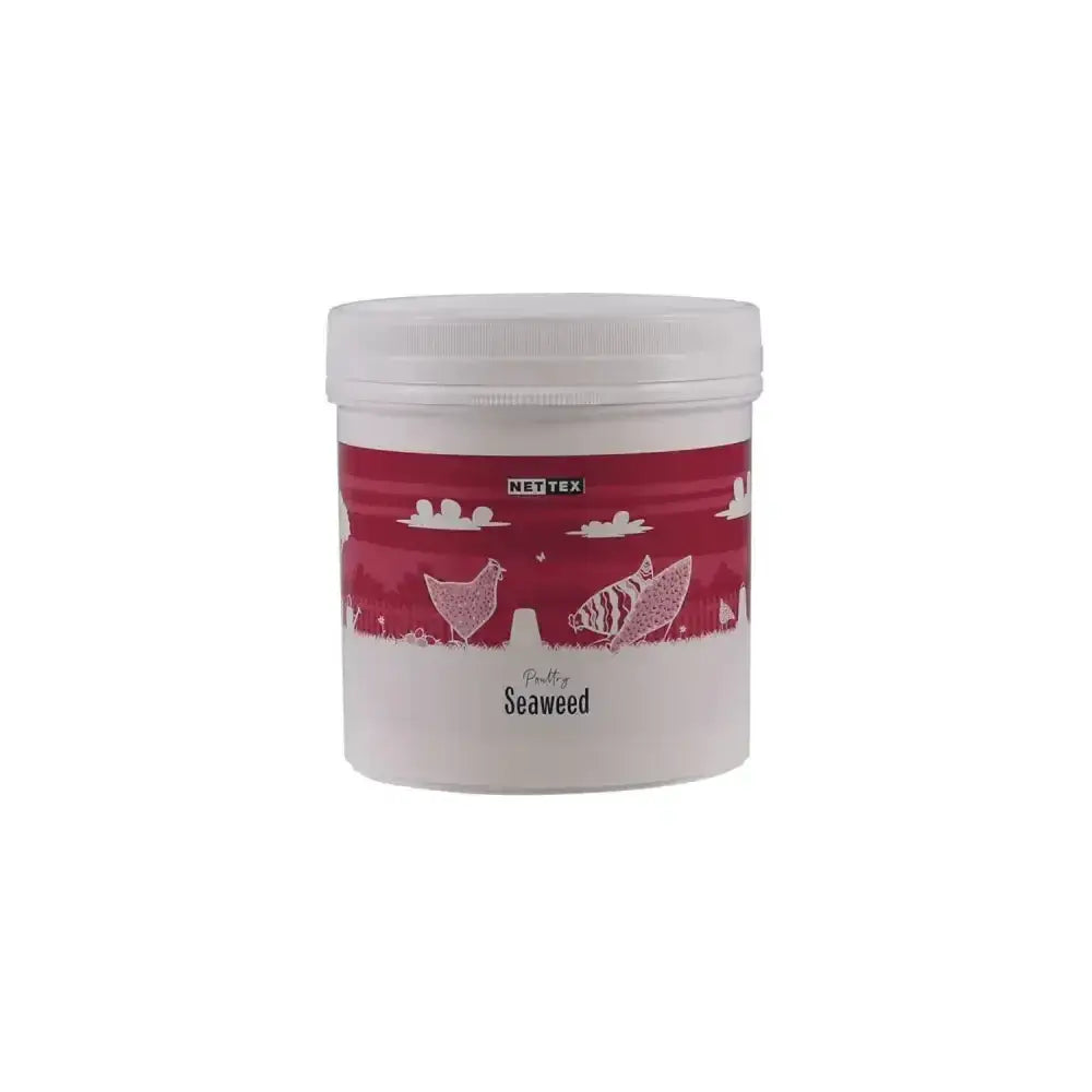 White plastic container with red label for nettex poultry seaweed natural feed supplement to support yolk colour