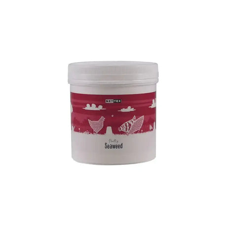 White plastic container with red label for nettex poultry seaweed natural feed supplement to support yolk colour