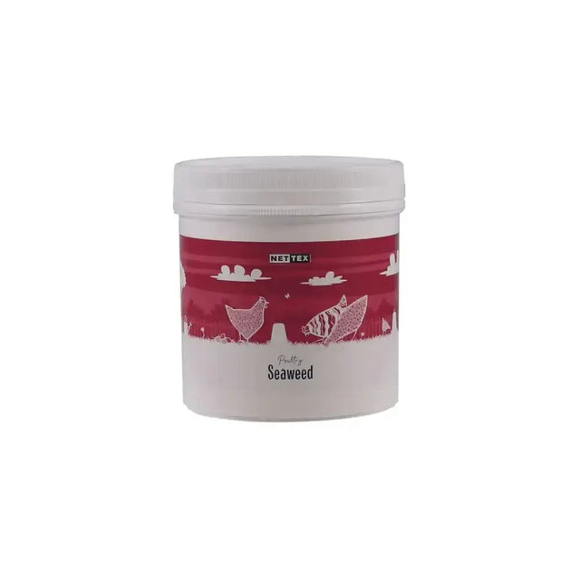 White plastic container with red label for nettex poultry seaweed natural feed supplement to support yolk colour