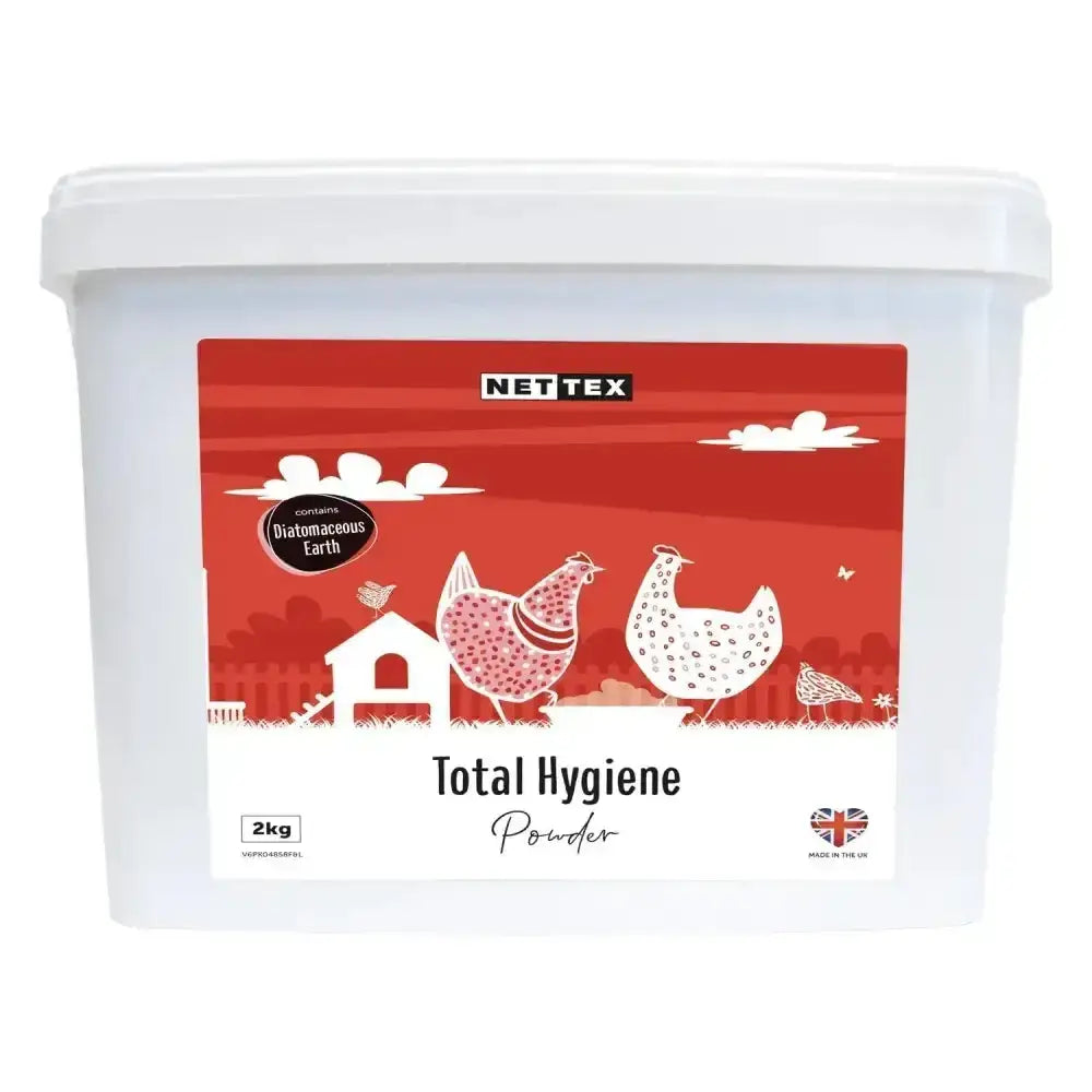 White plastic container of nettex poultry total absorbent diatomaceous earth-based powder with red label and chickens illustration