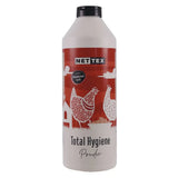 Red and white labeled nettex poultry total hygiene absorbent diatomaceous earth-based powder bottle with black cap