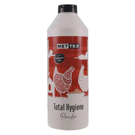 Red and white labeled nettex poultry total hygiene absorbent diatomaceous earth-based powder bottle with black cap