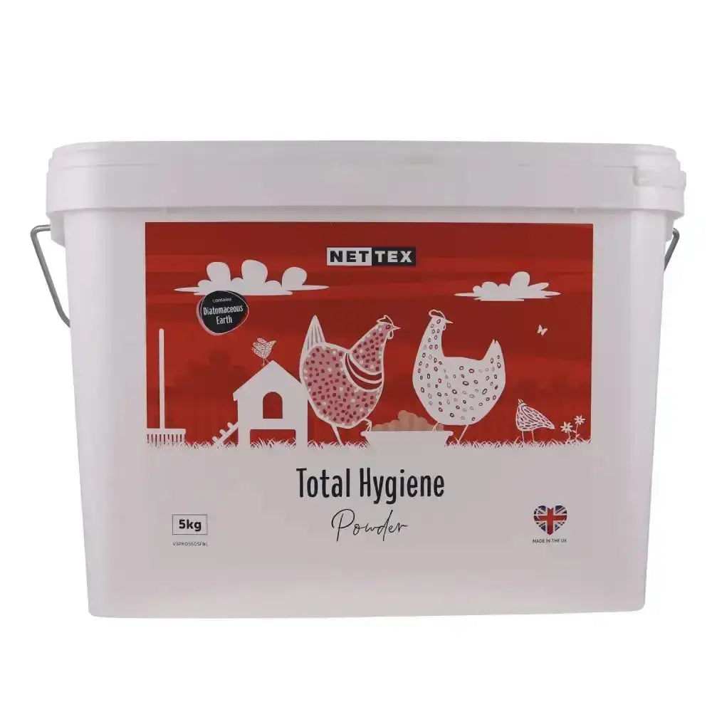 White plastic bucket of nettex poultry total hygiene absorbent diatomaceous earth-based powder 5kg with red label and farm scene