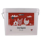White plastic bucket of nettex poultry total hygiene absorbent diatomaceous earth-based powder 5kg with red label and farm scene