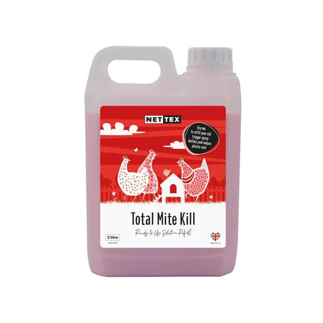A 2-litre translucent purple plastic jug of nettex poultry total mite kill liquid rtu with red and white label featuring chickens
