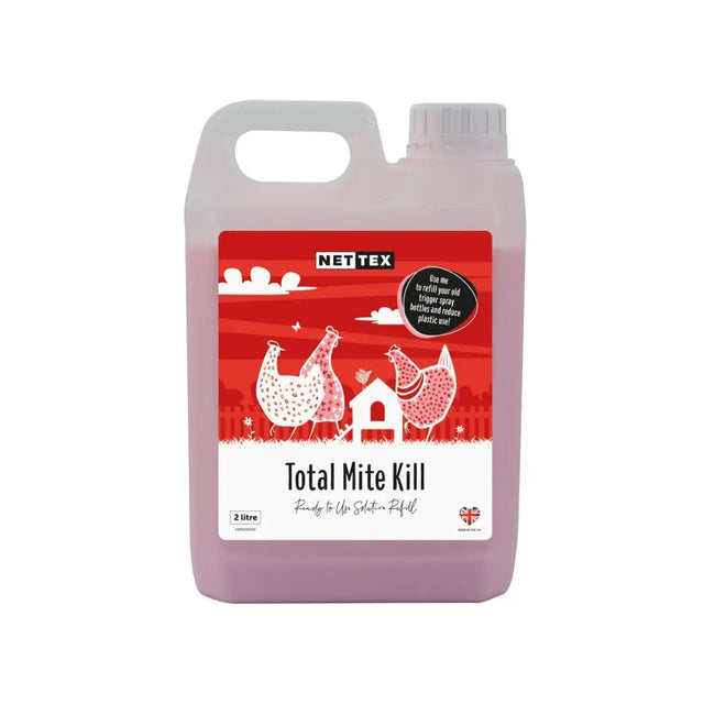 A 2-litre translucent purple plastic jug of nettex poultry total mite kill liquid rtu with red and white label featuring chickens