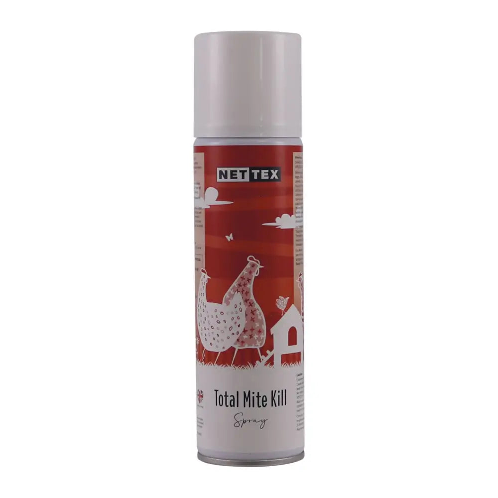 Red and white nettex poultry total mite kill spray can with cartoon chicken for highly effective insecticidal use