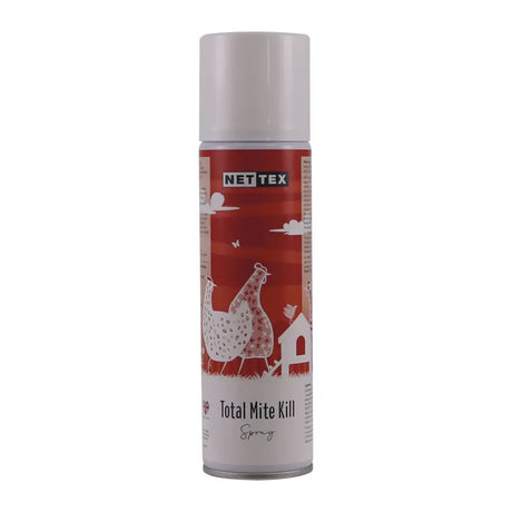 Red and white nettex poultry total mite kill spray can with cartoon chicken for highly effective insecticidal use