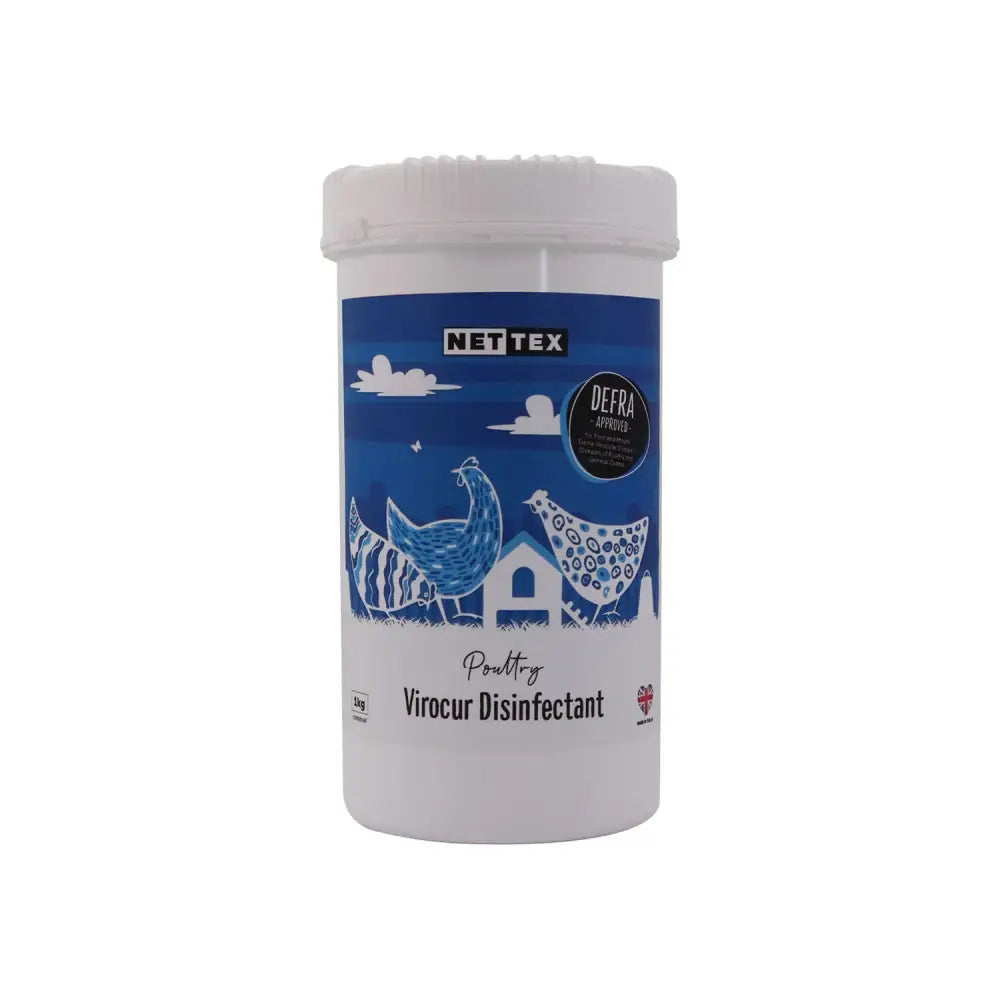 White plastic container with blue label showing chickens and house for nettex poultry virocur broad-spectrum disinfectant powder