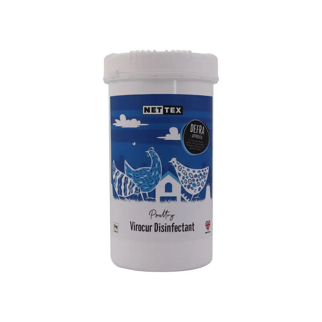 White plastic container with blue label showing chickens and house for nettex poultry virocur broad-spectrum disinfectant powder