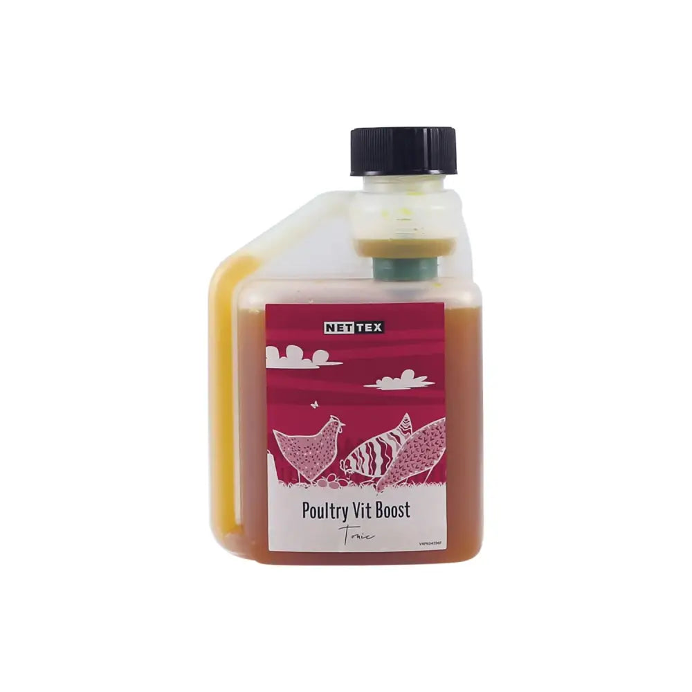 A clear plastic bottle of nettex poultry vit boost tonic with amber liquid and a red label showing white chicken illustrations