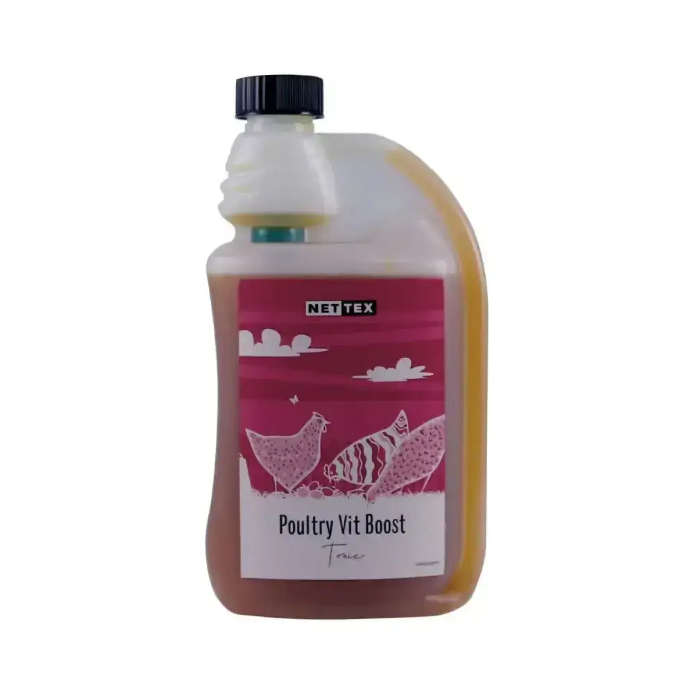 A translucent plastic bottle of nettex poultry vit boost poultry vit boost tonic with amber liquid and chicken illustrations