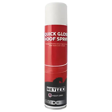 Red and black aerosol can of nettex quick gloss hoof spray with white cap for bulk quick gloss hoof shine