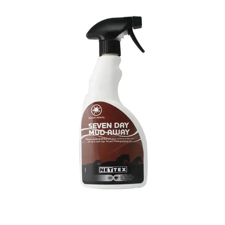 White spray bottle with black trigger and brown label for nettox seven day mud away prevents mud buildup