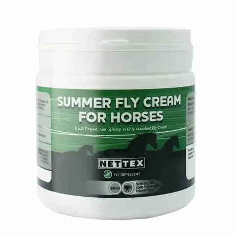 White plastic jar with green and black label of nettex summer fly cream with highly effective formulation to protect sensitive areas