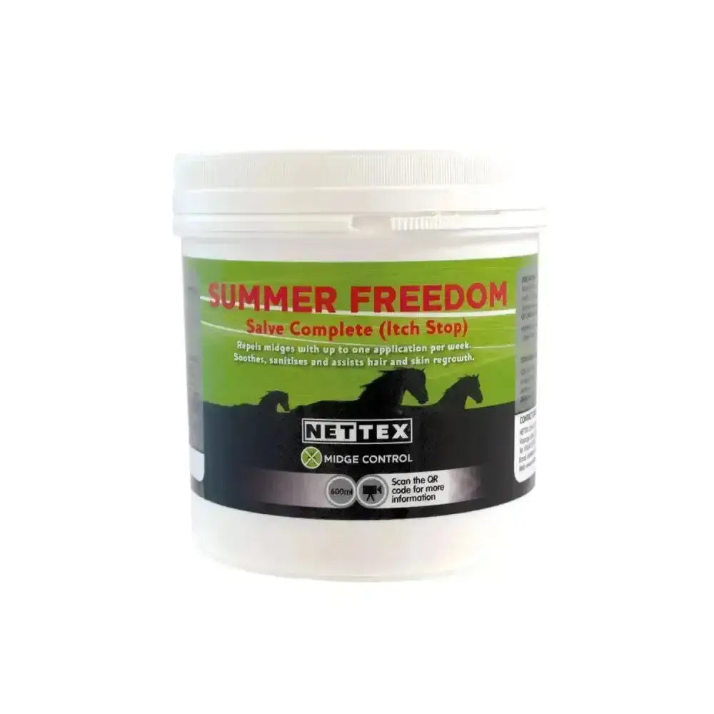 White plastic tub of nettex summer freedom salve complete with green and black label featuring horse silhouettes