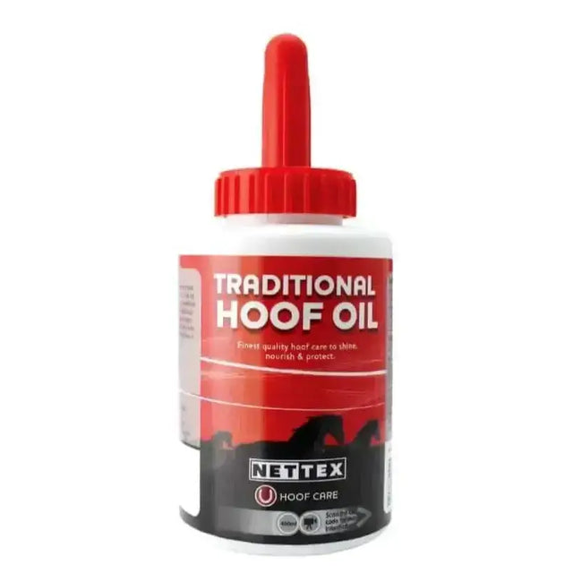 Red and white bottle of nettex traditional hoof oil with red dropper cap for hoof oil bulk use