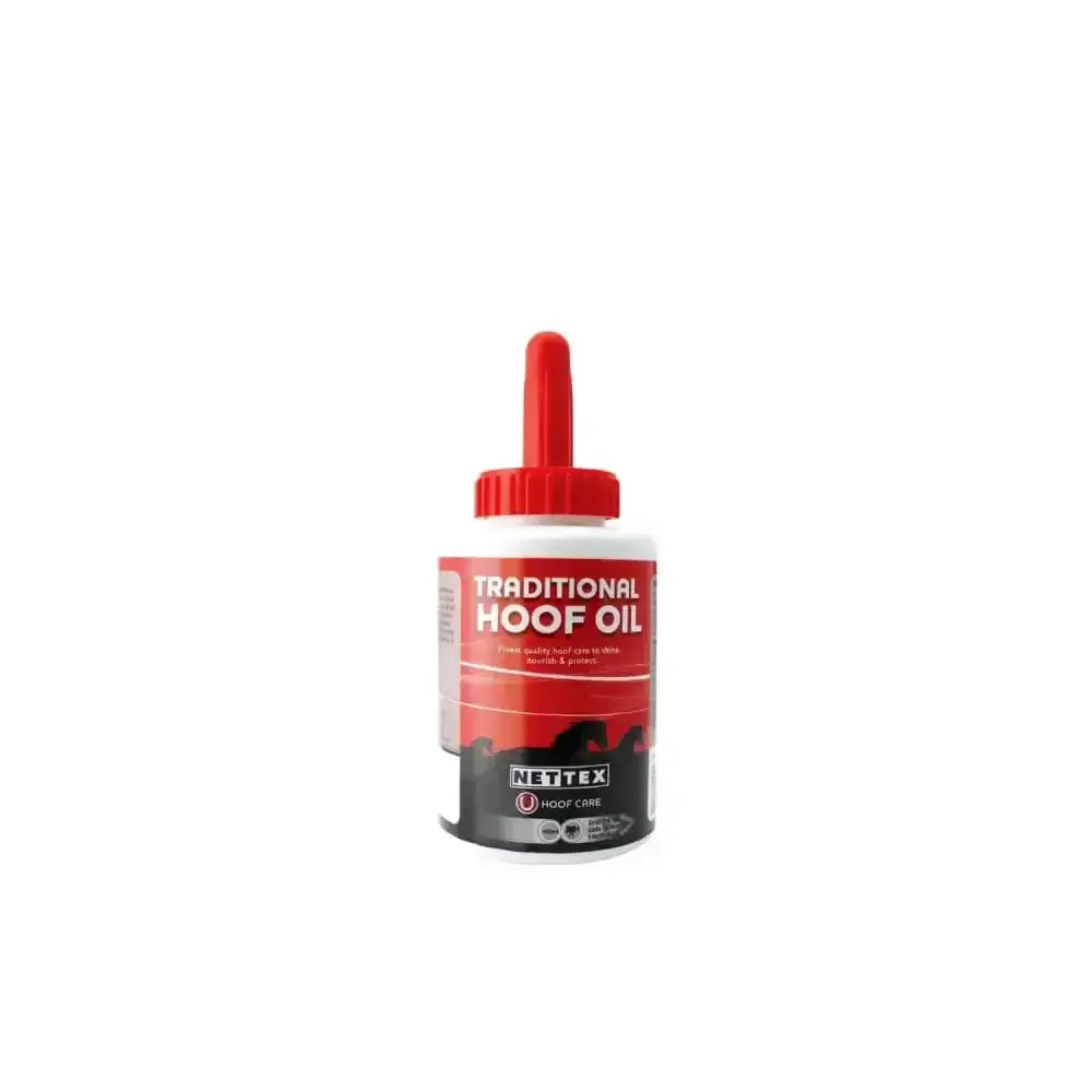 Red-tipped bottle of nettex traditional hoof oil with a white body and red label featuring black hoof silhouettes for long-lasting high shine and alcohol free formulation