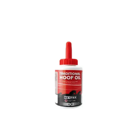 Red-tipped bottle of nettex traditional hoof oil with a white body and red label featuring black hoof silhouettes for long-lasting high shine and alcohol free formulation