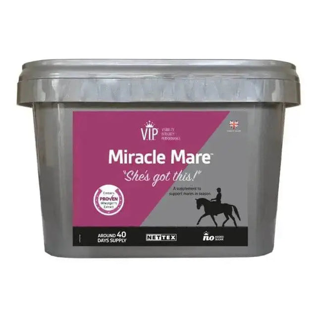 Silver plastic tub of nettex vip miracle mare horse supplement with pink gray label and rider silhouette
