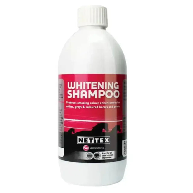 White plastic bottle of nettex whitening horse shampoo with red and black label removes grass stains on horse coats