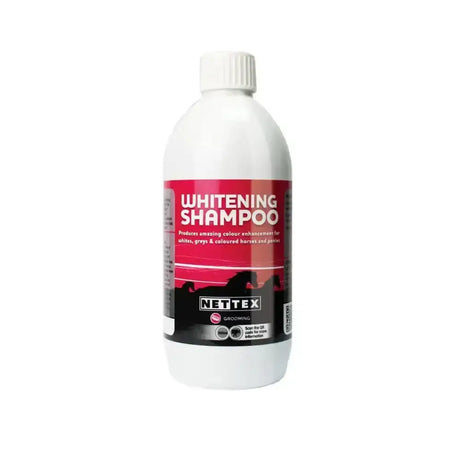 White plastic bottle of nettex whitening shampoo with red and black label and horse silhouettes for stable stains and colour enhancement