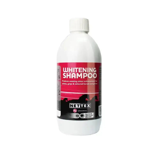 White plastic bottle of nettex whitening shampoo with red and black label and horse silhouettes for stable stains and colour enhancement