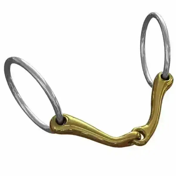 Neue schule demi-anky bits featuring a gold-colored horsebit with silver rings and straight-armed single jointed design