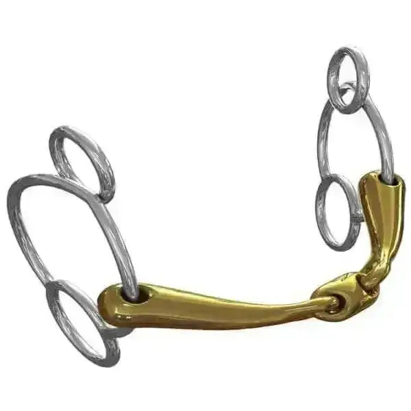 Gold-colored horsebit with silver-toned rings and polished metallic finish on neue schule tranz angled lozenge universal
