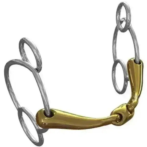 Gold-colored neue schule tranz angled lozenge universal pony bit with silver rings and polished metallic finish