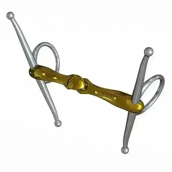 Gold-colored polished metal neue schule turtle tactio full cheek bit with silver rings and spherical tips