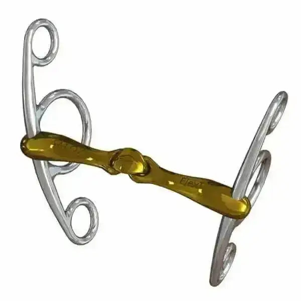 Gold-colored polished metal neue schule turtle tactio jumper bit with silver rings and curved design for riding
