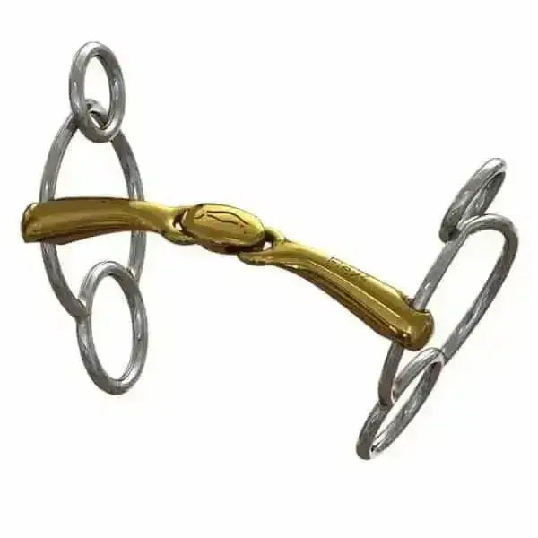 Gold-colored polished metal horsebit with curved mouthpiece and silver rings from neue schule turtle tactio universal bit