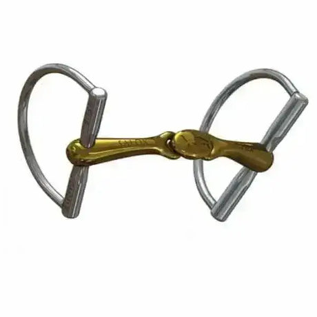 Gold-colored neue schule turtle top hunter d-ring bit with silver rings and polished metallic finish for riding gear