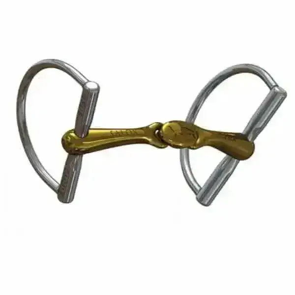Gold-colored neue schule turtle top hunter d-ring bit with silver rings and polished metallic finish for riding gear