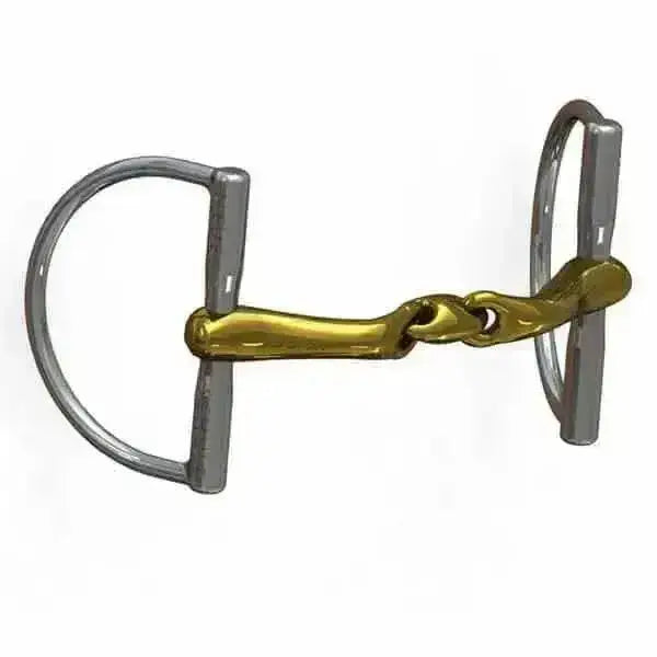 Silver and gold verbindend hunter d-ring bit by neue schule with polished metal and d-shaped mouthpiece