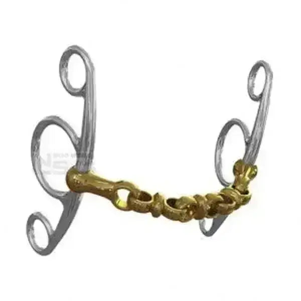 Silver and gold colored horsebit with ornate curved metal loops on each side for neue schule waterford jumper