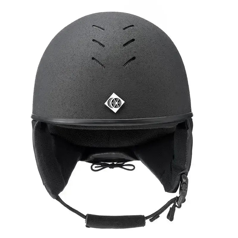 Black charles owen race ii riding hat with matte finish ventilation slots and silver diamond logo for racing skull safety vg1 01-040 2014-12