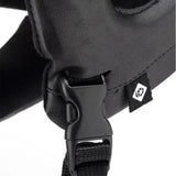 Back of new charles owen race ii riding hat showing black leather strap with black plastic buckle and branded tag