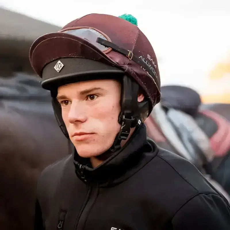 New charles owen race ii riding hat with maroon shell black visor and green pom-pom racing skull vg1 01-040 2014-12