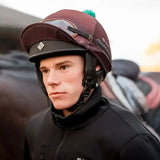 New charles owen race ii riding hat with maroon shell black visor and green pom-pom racing skull vg1 01-040 2014-12