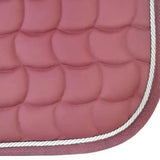 Pink quilted new gallop dressage saddle pad with contoured spine and white braided trim for anti-rub girth pad use