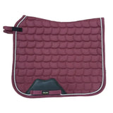 Maroon new gallop dressage saddle pad with white rope trim and black anti-rub girth pad with contoured spine