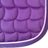 Quilted purple dressage saddle pad with scalloped stitching and white piping edge