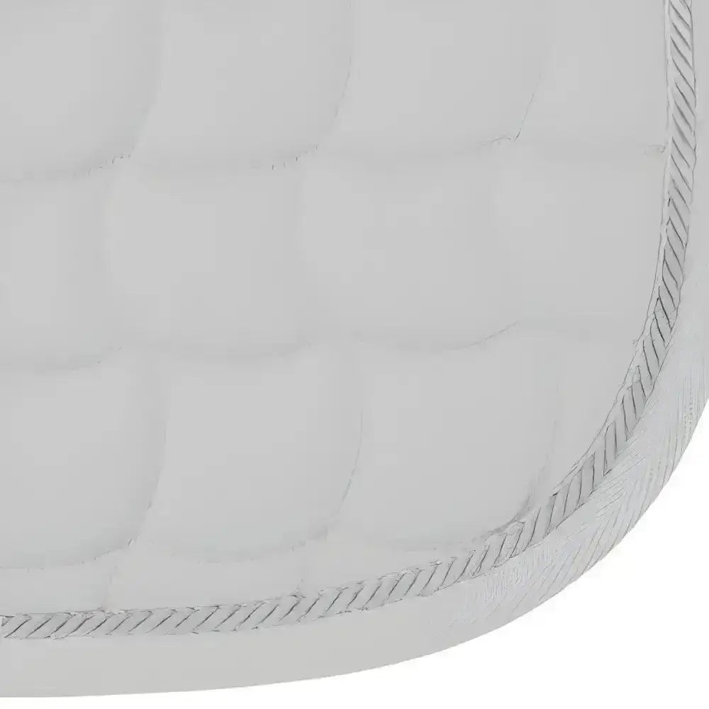 New gallop dressage saddle pad in white quilted fabric with silver stitching features contoured spine and anti-rub girth pad